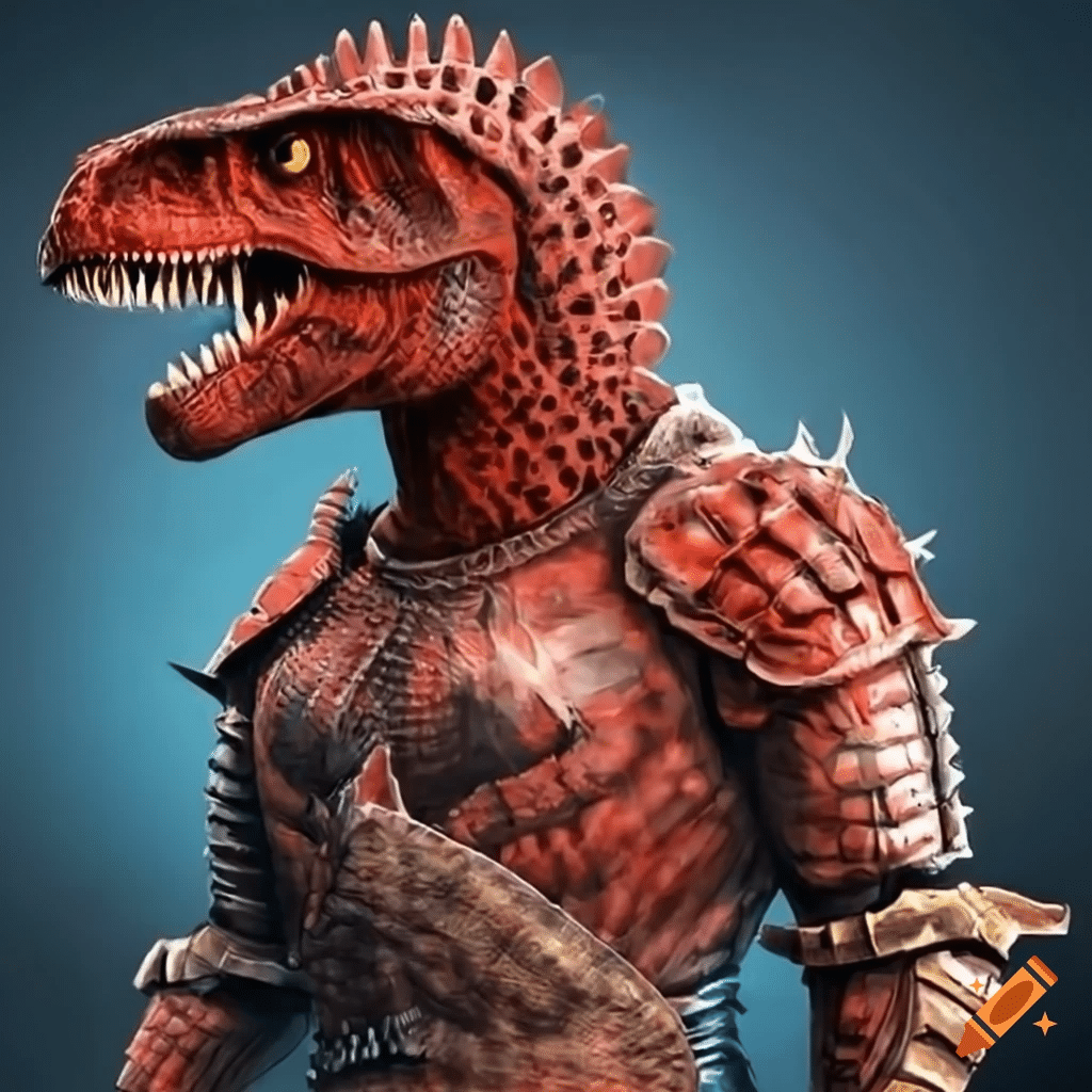 craiyon_221139_a_hyper_realistic_illustration_of_a_ferocious_red_dinosaur_warrior_in_full_armor